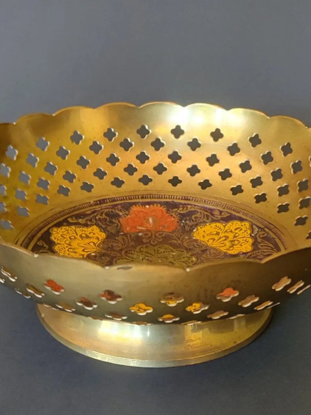 Vintage Indian Brass Pedestal Bowl Pierced Woven Design Enameled Floral Center